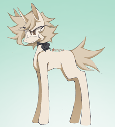 Size: 1012x1109 | Tagged: safe, artist:rinkitodo, derpibooru import, oc, oc only, oc:latte, pony, unicorn, beige coat, blonde, blonde mane, blonde tail, brown eyes, colored pinnae, countershading, eye clipping through hair, female, frown, gradient background, horn, long legs, mare, messy mane, messy tail, narrowed eyes, neck ribbon, ribbon, short mane, short tail, signature, tail, thin legs, unicorn oc, watermark, wingding eyes