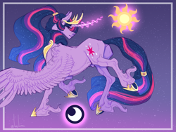 Size: 1333x1000 | Tagged: safe, artist:snowberry, derpibooru import, dusk shine, prince dusk, twilight sparkle, twilight sparkle (alicorn), alicorn, pony, g4, abstract background, alternate design, butt, colored sketch, crown, curved horn, cutie mark, dock, ethereal mane, frog (hoof), gold, hair tie, hairstyle, horn, jewelry, long hair, long hair male, magic, male, moon, pose, realistic anatomy, realistic horse legs, rear view, regalia, rule 63, signature, sketch, solo, sparkles, spread wings, stallion, sun, tail, telekinesis, trotting, underhoof, unshorn fetlocks, wings