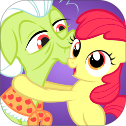 Size: 1024x1024 | Tagged: safe, derpibooru import, apple bloom, granny smith, earth pony, pony, g4, app icon, bipedal, clothes, duo, duo female, female, filly, foal, grandmother and grandchild, grandmother and granddaughter, granny smith's shawl, hug, lidded eyes, mare, my little pony: apple family, official, open mouth, open smile, ruckus media group, scarf, smiling