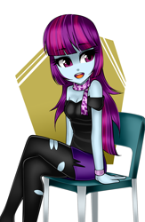 Size: 976x1500 | Tagged: safe, artist:nekojackun, derpibooru import, mystery mint, human, equestria girls, g4, background human, bare shoulders, beautiful, chair, clothes, crossed legs, cute, female, legs, miniskirt, moe, mysterybetes, open mouth, open smile, pantyhose, patreon, patreon logo, ripped pantyhose, scarf, simple background, sitting, skirt, smiling, solo, white background