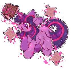 Size: 827x802 | Tagged: safe, artist:browniiponii, derpibooru import, twilight sparkle, twilight sparkle (alicorn), alicorn, g4, book, chibi, female, glowing, glowing horn, horn, levitation, looking at something, magic, magic aura, mare, open mouth, paper, raised hoof, raised leg, simple background, smiling, solo, spread wings, stars, telekinesis, transparent background, wings