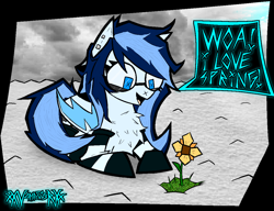 Size: 2292x1764 | Tagged: safe, artist:xxv4mp_g4z3rxx, derpibooru import, oc, oc only, pony, blue eyes, chest fluff, clothes, cloud, ear piercing, flower, glasses, grass, lying down, piercing, ponyloaf, prone, signature, snow, socks, solo, speech bubble, spring, striped socks, tail, two toned mane, two toned tail