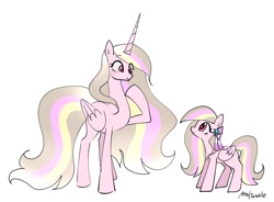 Size: 1440x1058 | Tagged: safe, derpibooru import, oc, oc only, oc:petal twinkle, alicorn, pegasus, pony, alicornified, artist, blonde, blonde mane, blonde tail, bow, duality, duo, duo female, ethereal mane, ethereal tail, eyebrows, eyebrows visible through hair, eyelashes, female, floating eyebrows, folded wings, frown, hair bow, height difference, horn, long horn, long legs, long mane, long tail, looking at each other, looking at someone, mare, multicolored mane, multicolored tail, pegasus oc, physique difference, pink coat, pink eyes, profile, race swap, raised hoof, raised leg, self paradox, self ponidox, signature, simple background, size difference, striped mane, striped tail, tail, tall, unicorn horn, wavy mane, wavy tail, white background, wingding eyes, wings