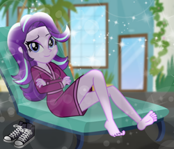 Size: 500x427 | Tagged: safe, artist:emeraldblast63, derpibooru import, starlight glimmer, human, equestria girls, g4, barefoot, barefoot in shoes, barefooting, bathrobe, breasts, clothes, converse, crossed arms, feet, female, legs, looking at you, nail polish, no socks, robe, sexually oblivious, sexy sneakers, shoes, smiling, smiling at you, spa robe, toenail polish, toenails, toes, wiggling toes