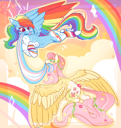 Size: 2589x2756 | Tagged: safe, artist:jezebel_remedy, derpibooru import, fluttershy, rainbow dash, pegasus, pony, g4, alternate cutie mark, blaze (coat marking), cloud, cloud pattern, coat markings, colored wings, duo, duo female, eyebrows, eyebrows visible through hair, facial markings, female, flower, flower in hair, flutterdash, flying, high res, lesbian, lesbian pride flag, mare, mouth hold, multicolored wings, pride, pride flag, rainbow, rainbow wings, shipping, smiling, socks (coat marking), spread wings, tail, transgender, transgender pride flag, wings, wristband