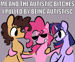 Size: 722x595 | Tagged: safe, artist:captainzigo, derpibooru import, cheese sandwich, pinkie pie, twilight sparkle, earth pony, pony, unicorn, g4, autism, bisexual, bisexual female, bust, caption, cheesepie, female, gray background, grin, hoof around neck, horn, image macro, lesbian, male, mare, misspelling, pinkie pie gets all the mares, pinkie pie gets all the stallions, polyamory, shipping, simple background, smiling, straight, sunglasses, text, twinkie, vulgar