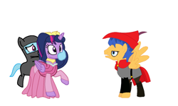 Size: 1204x720 | Tagged: safe, artist:brightstar40k, derpibooru import, flash sentry, rainbow dash, twilight sparkle, twilight sparkle (alicorn), alicorn, pegasus, pony, unicorn, hoof over mouth, horn, kidnapped, ninja, simple background, sleeping beauty, white background