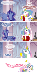 Size: 676x1297 | Tagged: safe, artist:chu-man, derpibooru import, princess celestia, princess luna, alicorn, g4, comic, computer, meme, traditional royal canterlot voice, trollestia, trollface, trololo