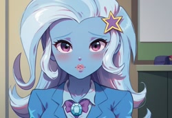 Size: 1216x832 | Tagged: safe, ai content, derpibooru import, generator:pony diffusion v6 xl, machine learning generated, trixie, human, equestria girls, g4, anime, anime style, blushing, classroom, clothes, cute, humanized, image, long hair, looking at you, needs more jpeg, prompt in description, prompter:axeleif, school uniform, schoolgirl, shy, solo, teenager