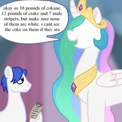 Size: 1000x1000 | Tagged: safe, artist:p2iimon, derpibooru import, princess celestia, alicorn, earth pony, pony, clipboard, concave belly, dialogue, duo, duo male and female, female, height difference, hidden eyes, implied drug use, implied drugs, intentional spelling error, male, mare, master chief and luna hanging out, meme, no eyes, speech bubble, stallion, tall