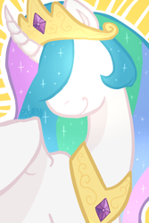 Size: 600x900 | Tagged: safe, artist:p2iimon, derpibooru import, princess celestia, alicorn, pony, bust, curved horn, female, hidden eyes, horn, mare, partially open wings, smiling, solo, sunburst background, wings