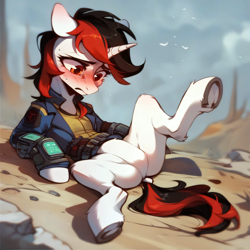 Size: 4096x4096 | Tagged: source needed, safe, ai content, derpibooru import, generator:pony diffusion v6 xl, generator:stable diffusion, machine learning generated, oc, oc:blackjack, fallout equestria, fallout equestria: project horizons, blushing, bottomless, clothes, confused, embarrassed, fanfic art, featureless crotch, jumpsuit, lying down, nudity, on back, partial nudity, pipbuck, prompter needed, solo, spread legs, spreading, vault suit, wasteland