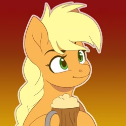 Size: 680x680 | Tagged: artist needed, source needed, safe, derpibooru import, applejack, earth pony, pony, g4, alternate hairstyle, braid, cider, cider mug, gradient background, mug, orange background, simple background, smiling, solo