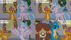 Size: 4400x2475 | Tagged: safe, derpibooru import, edit, edited screencap, editor:quoterific, screencap, gallus, silverstream, smolder, yona, dragon, griffon, hippogriff, yak, the hearth's warming club, female, male, mare, school of friendship