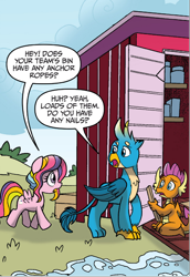 Size: 736x1068 | Tagged: safe, artist:tonyfleecs, derpibooru import, idw, gallus, rainbow harmony, smolder, dragon, griffon, pegasus, pony, g4, spoiler:comic, spoiler:comicfeatsoffriendship02, construction, dragoness, female, filly, foal, friendship student, male, open mouth, pier, river, sad, trio, water