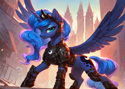Size: 1400x1000 | Tagged: safe, ai content, derpibooru import, generator:pony diffusion v6 xl, generator:stable diffusion, machine learning generated, princess luna, alicorn, pony, g4, armor, city, cyberpunk, fantasy, female, mare, prompter:star-dragon, science fiction, solo, spread wings, wings