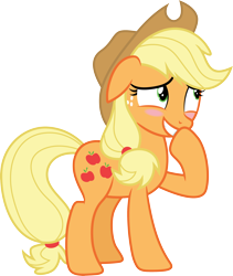 Size: 3000x3555 | Tagged: safe, artist:cloudy glow, derpibooru import, applejack, earth pony, pony, a trivial pursuit, blushing, cowboy hat, ears, female, floppy ears, hat, high res, mare, simple background, solo, stetson, transparent background, vector