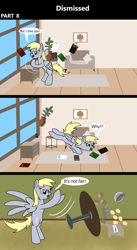 Size: 1920x3516 | Tagged: safe, artist:platinumdrop, derpibooru import, derpy hooves, pegasus, pony, comic:dismissed, g4, 3 panel comic, alternate timeline, angry, bag, bipedal, bowl, break, breaking, bucking, cabinet, comic, commission, crying, despair, destruction, distressed, egg, female, flour, folded wings, food, frustration, furniture, heartbreak, home, house, implied doctor whooves, implied roseluck, indoors, kitchen, living room, mare, meltdown, misery, muffin, open mouth, photo, picture frame, plant, potted plant, rage, sad, sofa, solo, speech bubble, spread wings, table, table flip, tantrum, tears of anger, tears of sadness, teary eyes, this will not end well, why, wings, yelling