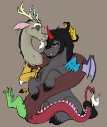 Size: 3475x4096 | Tagged: safe, artist:chub-wub, derpibooru import, discord, king sombra, draconequus, pony, unicorn, cuddling, duo, duo male, facial hair, fangs, gay, goatee, gray background, horn, hug, male, missing cutie mark, shipping, simple background, sombracord, stallion, unshorn fetlocks