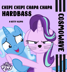 Size: 1196x1292 | Tagged: safe, artist:dashiesparkle, artist:edy_january, derpibooru import, edit, edited screencap, screencap, starlight glimmer, trixie, pony, unicorn, g4, album, album cover, angry, caption, cat nose, cosmowave, cosmowave hardbass, duo, duo female, ears, female, floppy ears, hardbass, hooves, horn, kitty face, meme, music, music video, parody, purple background, simple background, song, trixie's puppeteering, vector used, youtube link