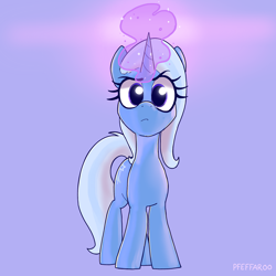 Size: 2048x2048 | Tagged: safe, artist:pfeffaroo, derpibooru import, trixie, pony, unicorn, g4, glowing, glowing horn, horn, looking at you, magic, magic aura, missing accessory, simple background, solo