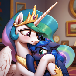 Size: 1024x1024 | Tagged: source needed, safe, ai content, derpibooru import, machine learning generated, princess celestia, princess luna, alicorn, pony, female, hug, mare, prompter needed, regalia, royal sisters, shy, siblings, sisters