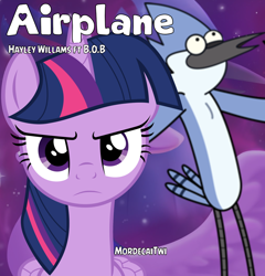 Size: 1194x1242 | Tagged: safe, artist:edy_january, artist:tardifice, artist:timelordomega, derpibooru import, edit, editor:edy_january, twilight sparkle, twilight sparkle (alicorn), alicorn, anthro, bird, pony, g4, airplanes (song), album, album cover, album parody, anthro bird, anthro with ponies, b.o.b., boyfriend and girlfriend, crossover, crossover shipping, duo, duo male and female, female, glowing, hayley williams, male, mordecai, mordetwi, music, parody, purple background, regular show, shipping, simple background, song, song reference, straight