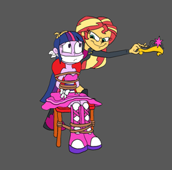 Size: 1095x1080 | Tagged: safe, artist:bugssonicx, derpibooru import, sunset shimmer, twilight sparkle, human, equestria girls, g4, big crown thingy, bondage, bound and gagged, cloth gag, crown, element of magic, gag, jewelry, regalia, tied to chair, tied up