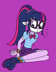 Size: 1415x1799 | Tagged: safe, artist:bugssonicx, derpibooru import, sci-twi, twilight sparkle, human, equestria girls, g4, ankle tied, arm behind back, bondage, bound and gagged, bound wrists, cloth gag, emanata, gag, purple background, simple background, solo