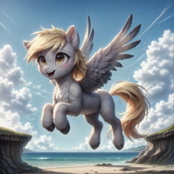 Size: 2048x2048 | Tagged: safe, ai content, derpibooru import, generator:stable diffusion, machine learning generated, derpy hooves, pegasus, pony, g4, beach, beautiful, belly, blue sky, blushing, cheek fluff, chest fluff, cliff, cloud, cloudy, cute, derpabetes, detailed, ear blush, ear fluff, ears, ears up, feather, feathered wings, female, fluffy, flying, full body, generator:autismmix pony, high res, hoof fluff, hooves, leg fluff, mare, nature, ocean, open mouth, open smile, outdoors, pretty, prompter:adorablebluefox, sand, scenery, short hair, sky, smiling, solo, spread wings, unshorn fetlocks, water, wave, wings