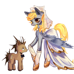 Size: 4000x4000 | Tagged: safe, artist:cioccolata, derpibooru import, derpy hooves, doctor whooves, earth pony, pegasus, pony, alternate hairstyle, blushing, bowtie, bride, clothes, commission, cute, derpabetes, doctorderpy, dress, duo, duo male and female, female, groom, hoof shoes, looking at each other, looking at someone, male, meme, messy mane, raised hoof, raised leg, shipping, simple background, size difference, socks, stockings, straight, the bride and the ugly ass groom, thigh highs, unshorn fetlocks, veil, wedding dress, wedding veil, white background, ych result