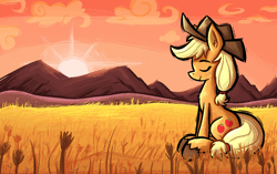 Size: 1138x714 | Tagged: safe, artist:daze, derpibooru import, applejack, earth pony, pony, g4, female, mare, scenery, sitting, solo, sunset