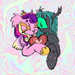 Size: 2048x2048 | Tagged: safe, artist:larvaecandy, derpibooru import, princess cadance, queen chrysalis, alicorn, changeling, changeling queen, pony, g4, duo, female, heart, infidelity, lesbian, ship:cadalis, shipping