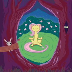 Size: 1440x1440 | Tagged: safe, artist:mafon, derpibooru import, angel bunny, fluttershy, pegasus, pony, rabbit, animal, duo, duo male and female, eyes closed, eyes in the dark, female, flower, forest, knife, male, mare, meditating, nature, sitting, solo focus, tied to tree, tied up, tree