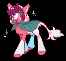 Size: 937x867 | Tagged: safe, artist:fluttershyes, derpibooru import, oc, oc only, oc:strawberry shortstack, earth pony, pony, ambiguous gender, black background, blaze (coat marking), cape, chest fluff, clothes, coat markings, colored eyelashes, colored hooves, colored mouth, colored pinnae, commission, ear tufts, earth pony oc, eye clipping through hair, eyebrows, eyebrows visible through hair, eyelashes, facial markings, fetlock tuft, freckles, green eyes, hooded cape, leonine tail, looking at you, purple mane, red coat, short mane, simple background, smiling, smiling at you, socks (coat markigns), sparkles, standing, tail, tail fluff, two toned tail