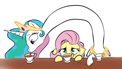 Size: 1420x807 | Tagged: safe, artist:flutterbug18, derpibooru import, fluttershy, princess celestia, alicorn, pegasus, pony, cup, duo, duo female, ears, female, floppy ears, hooves on the table, lapping, long neck, mare, necc, princess necklestia, silly, simple background, teacup, white background