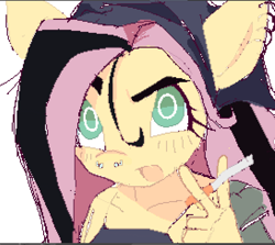 Size: 1091x972 | Tagged: safe, artist:fluttershyes, derpibooru import, fluttershy, anthro, pegasus, pony, blushing, bust, cigarette, clothes, dyed mane, ear piercing, earring, eyebrows, eyelashes, hat, jacket, jewelry, long mane, nose piercing, open mouth, piercing, raised eyebrow, septum piercing, simple background, solo, teal eyes, two toned mane, white background, wingding eyes, wip