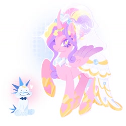 Size: 1440x1440 | Tagged: safe, artist:beaniebearz, derpibooru import, princess cadance, shining armor, alicorn, pony, unicorn, alternate hairstyle, bowtie, clothes, dress, female, floating heart, heart, heart eyes, horn, horn ring, looking at you, male, mare, meme, messy mane, ring, shiningcadance, shipping, simple background, sitting, size difference, smiling, smiling at you, stallion, straight, the bride and the ugly ass groom, veil, wedding dress, wedding veil, white background, wingding eyes