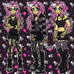 Size: 2400x2400 | Tagged: safe, artist:redactedhaunt, derpibooru import, fluttershy, human, equestria girls, g4, clothes, fishnet stockings, goth, humanized, patterned background, solo