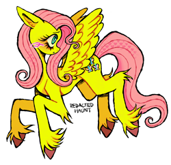 Size: 2000x1937 | Tagged: safe, artist:redactedhaunt, derpibooru import, fluttershy, pegasus, concave belly, female, head turn, hooves, lanky, leg fluff, mare, simple background, skinny, solo, tall, thin, unshorn fetlocks, white background