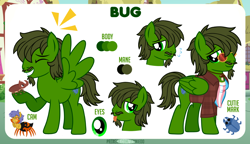 Size: 1200x689 | Tagged: safe, artist:jennieoo, derpibooru import, oc, oc:bug, insect, monster pony, original species, pegasus, pony, spiderpony, beard, commission, facial hair, female to male, happy, laughing, looking at you, male, moustache, pride, pride flag, reference sheet, rule 63, sad, simple background, smiling, smiling at you, solo, stallion, tongue, tongue out, transformation, transgender, transgender pride flag, transgender transformation, vector