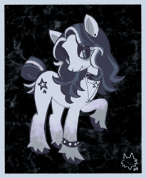 Size: 608x742 | Tagged: safe, artist:thrivinghigh, derpibooru import, oc, oc only, earth pony, pony, abstract background, bags under eyes, beauty mark, border, choker, coat markings, colored hooves, colored pinnae, concave belly, ear piercing, earring, earth pony oc, eye clipping through hair, eyeshadow, female, gray mane, gray tail, jewelry, lidded eyes, long mane, looking down, makeup, mare, multicolored mane, necklace, nose piercing, piercing, ponysona, raised hoof, raised leg, septum piercing, short tail, signature, smiling, socks (coat marking), solo, spiked wristband, standing, tail, tied tail, unnamed oc, unshorn fetlocks, wavy mane, white coat, wingding eyes, wristband