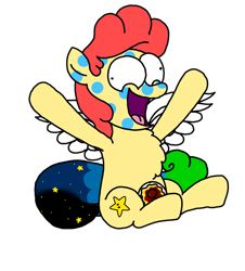 Size: 3023x3351 | Tagged: safe, artist:professorventurer, derpibooru import, oc, oc:power star, pegasus, chubby, derp, female, food, mare, meatball, pasta, pegasus oc, plate, poison joke, rule 85, sauce, sitting, smg4, spaghetti, spread wings, stupid, super mario 64, wings