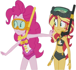 Size: 2738x2520 | Tagged: safe, derpibooru import, edit, edited screencap, editor:homersimpson1983, screencap, pinkie pie, sunset shimmer, human, equestria girls, g4, background removed, bikini, clothes, duo, duo female, female, not a vector, snorkel, swimsuit