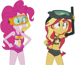 Size: 2899x2520 | Tagged: safe, derpibooru import, editor:homersimpson1983, pinkie pie, sunset shimmer, human, equestria girls, g4, background removed, bikini, clothes, duo, duo female, female, smiling, snorkel, swimsuit