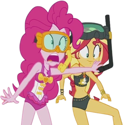 Size: 2475x2520 | Tagged: safe, derpibooru import, edit, edited screencap, editor:homersimpson1983, screencap, pinkie pie, sunset shimmer, human, equestria girls, g4, background removed, bikini, clothes, duo, duo female, female, not a vector, snorkel, solo, swimsuit