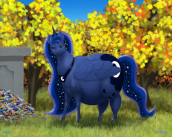 Size: 1200x960 | Tagged: safe, artist:soobel, derpibooru import, princess luna, alicorn, pony, g4, autumn, belly, big belly, candies, ethereal mane, fat, female, mare, mlp fim's twelfth anniversary, nightmare night, obese, princess moonpig, smiling, solo, starry mane, starry tail, tail