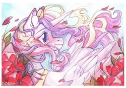 Size: 2048x1430 | Tagged: safe, artist:dorry, derpibooru import, princess cadance, alicorn, pony, g4, flower, flower petals, solo