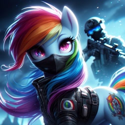 Size: 1024x1024 | Tagged: safe, ai content, derpibooru import, generator:dall-e 3, machine learning generated, rainbow dash, human, clothes, face mask, jacket, leather, leather jacket, looking at you, mask, prompter needed, snow, soldier