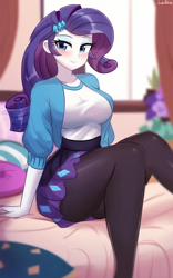 Size: 640x1024 | Tagged: safe, ai content, derpibooru import, generator:purplesmart.ai, generator:stable diffusion, machine learning generated, rarity, human, equestria girls, g4, beautiful, beautisexy, bed, bedroom eyes, big breasts, blushing, breasts, clothes, female, looking at you, pantyhose, pillow, prompter needed, raritits, solo, stupid sexy rarity, window